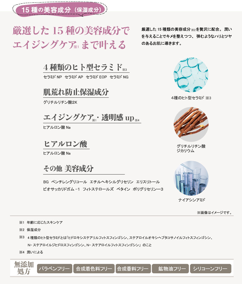 15種の美容成分（保湿成分）厳選した15種の美容成分でエイジングケアまで叶える厳選した15種類の美容成分を贅沢に配合。潤いを与えることでキメを整えつつ、弾むようなハリとツヤのあるお肌に導きます。