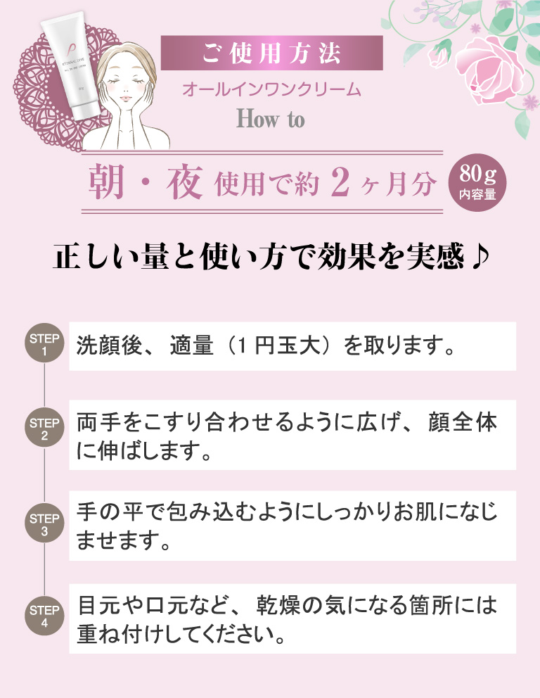 step１,洗顔後、適量（1円玉大）を取ります。step２,両手をこすり合わせるように広げ、顔全体に伸ばします。step3，手の平で包み込むようにしっかりお肌になじませます。step4，目元や口元など、乾燥の気になる箇所には重ね付けしてください。