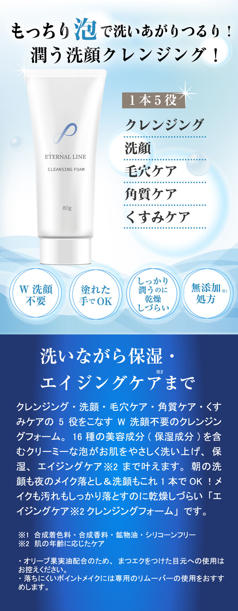 洗いながら保湿・エイジングケアまでクレンジング・洗顔・毛穴ケア・角質ケア・くすみケアの5役をこなすW洗顔不要のクレンジングフォーム。16種の美容成分(保湿成分)を含むクリーミーな泡がお肌をやさしく洗い上げ、保湿、エイジングケア※1まで叶えます。朝の洗顔も夜のメイク落とし＆洗顔もこれ1本でOK！メイクも汚れもしっかり落とすのに乾燥しづらい「エイジングケア※2クレンジングフォーム」です。※1 肌の年齢に応じたケア・オリーブ果実油配合のため、まつエクをつけた目元への使用はお控えください。・落ちにくいポイントメイクには専用のリムーバーの使用をおすすめします。※合成着色料・合成香料・鉱物油・シリコーンフリー