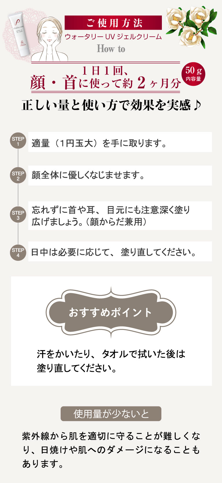 step１,適量（１円玉大）を手に取ります。step２,顔全体に優しくなじませます。step3,忘れずに首や耳、目元にも注意深く塗り広げましょう。（顔からだ兼用）step4,日中は必要に応じて、塗り直してください。